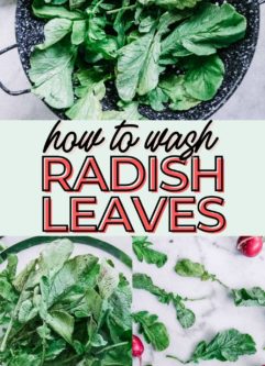 a collage with three photos of washing and preparing radish greens with the words "how to wash radish greens" in black and red writing