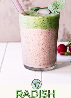 a graphic with a photo of a radish greens smoothie with the words "radish greens smoothie" in green and black writing