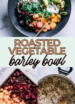 a pinterest graphic with three photos with the words roasted vegetable barley bowl in black lettering