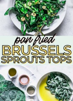 a collage of photos of pan fried brussels sprouts tops with the words "sauteed brussels sprouts tops" in yellow and black writing