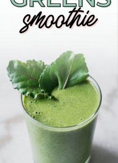 a graphic with a photo of a green beet tops smoothie with the words "beet greens smoothie" in green and black writing