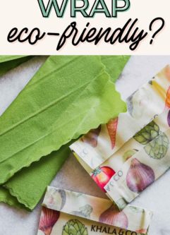 a graphic with a photo of beeswax wrap on a white table and the words "is beeswax wrap eco-friendly" in black writing