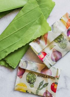 green and patterned beeswax wrap on a white table