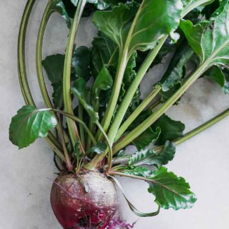 a red beet with beet greens on a white table