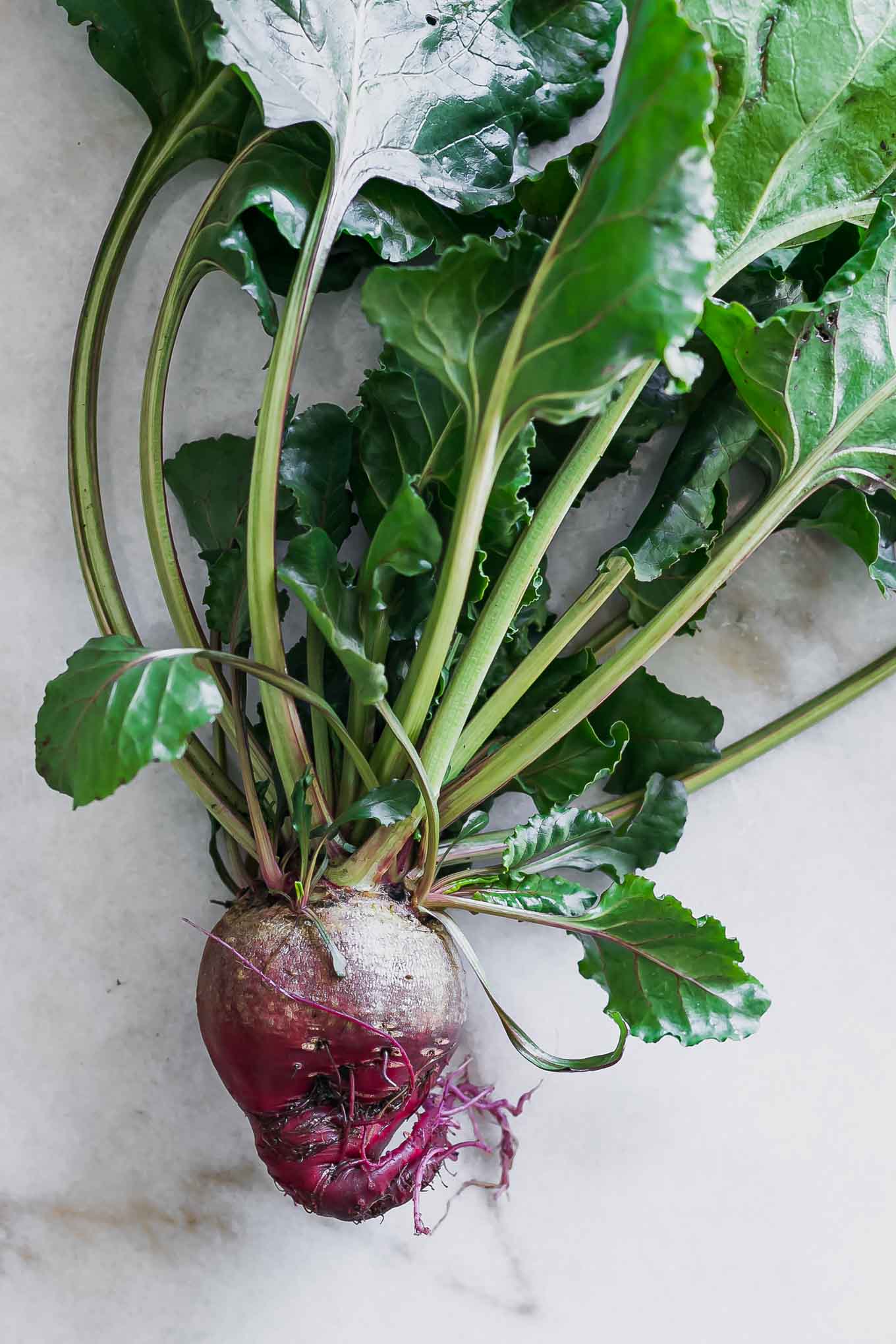 a red beet with beet greens on a white table