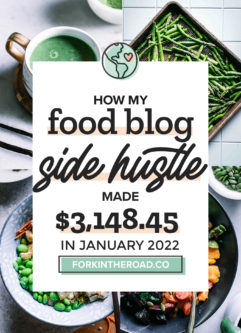 a collage of food photos with a white graphic with the words "how my food blog side hustle made $3148.45 in January 2022" in black writing