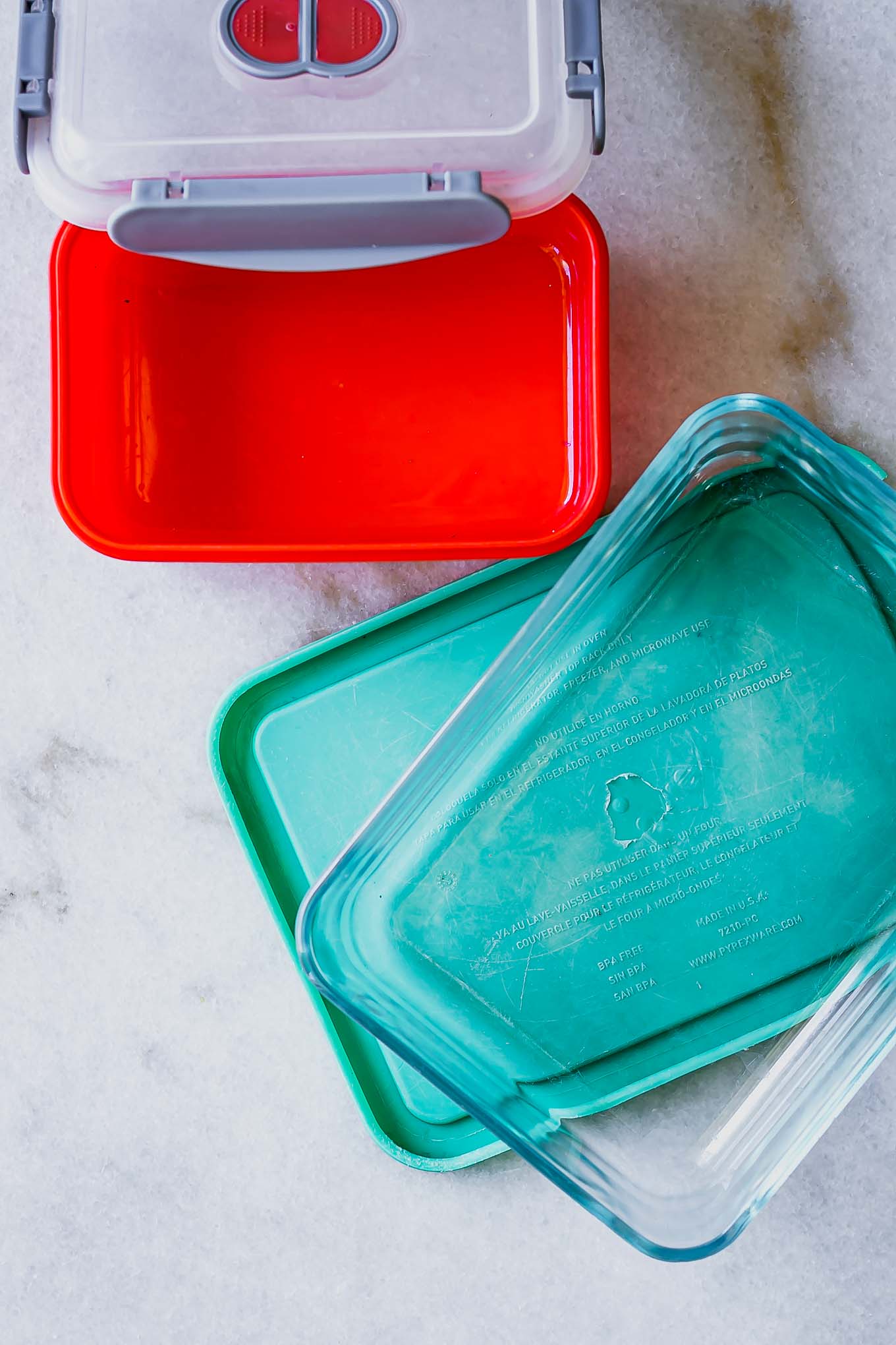 glass food storage containers on a white countertop