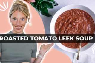 a youtube thumbnail graphic with a bowl of tomato leek soup and dietitian kristina todini rdn with the words 