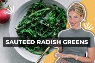 a bowl of sauteed radish greens with kristina todini dietitian for youtube
