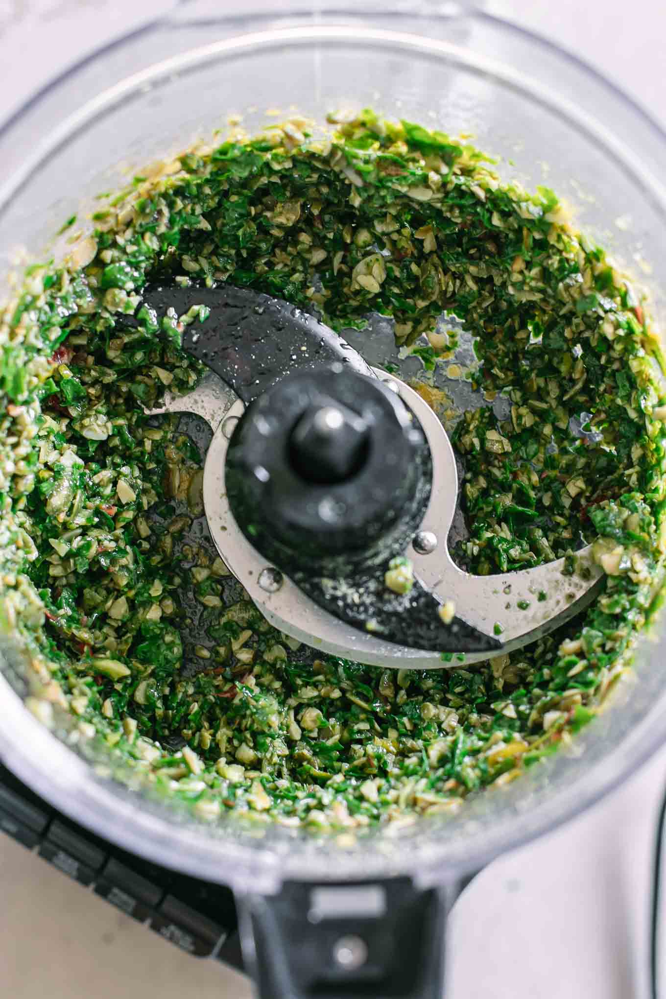 chard leaves pesto sauce in a food processor