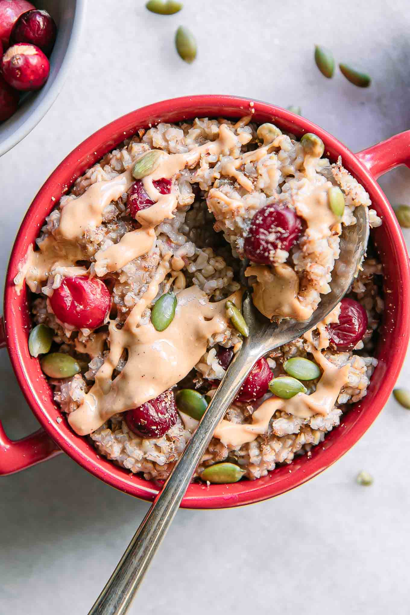 a bowl of oatmeal with cranberries with a spoon lifting out of the bowl