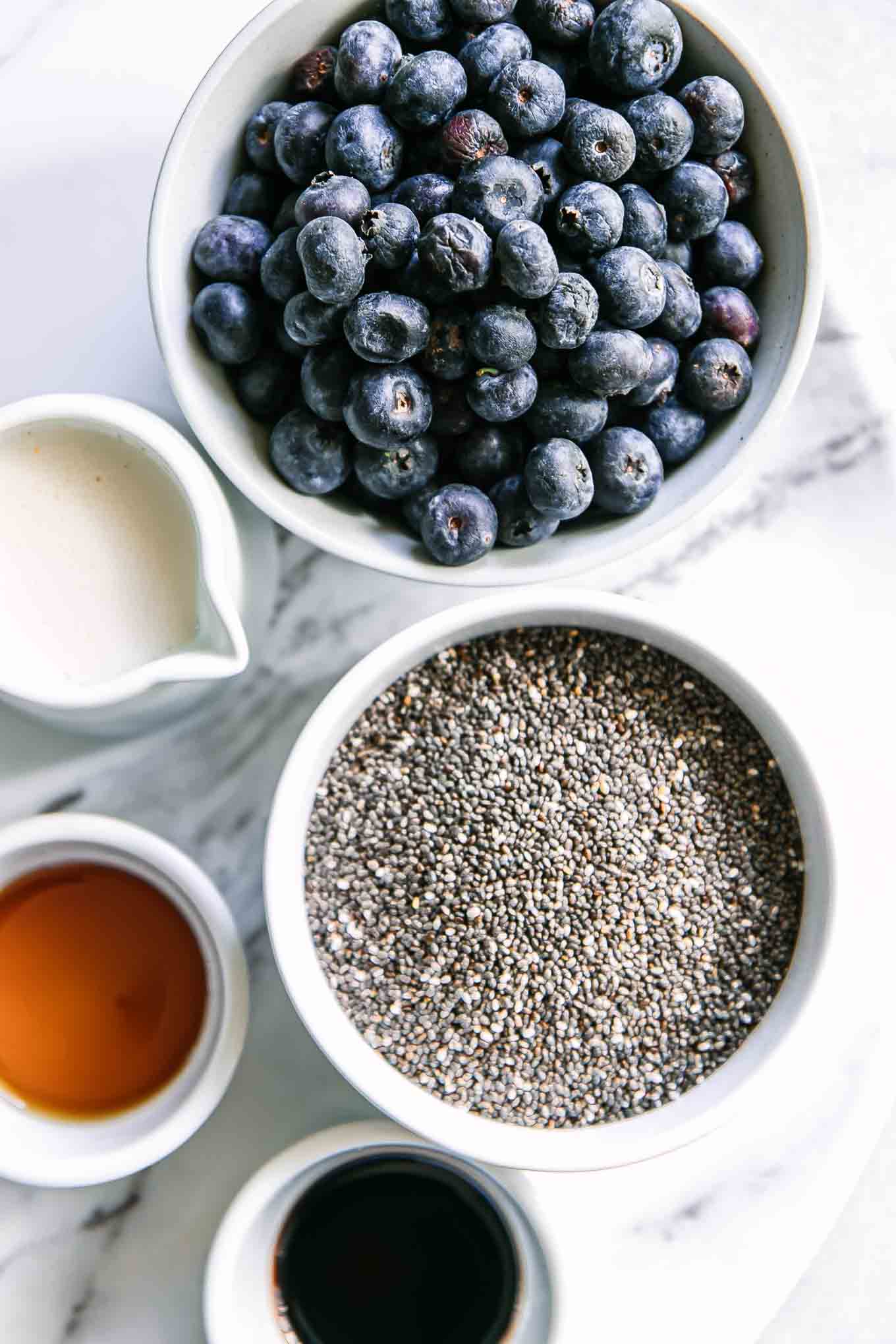 bowls of chia seeds, blueberries, milk, vanilla extract, and maple syrup on a white table for chia seed pudding
