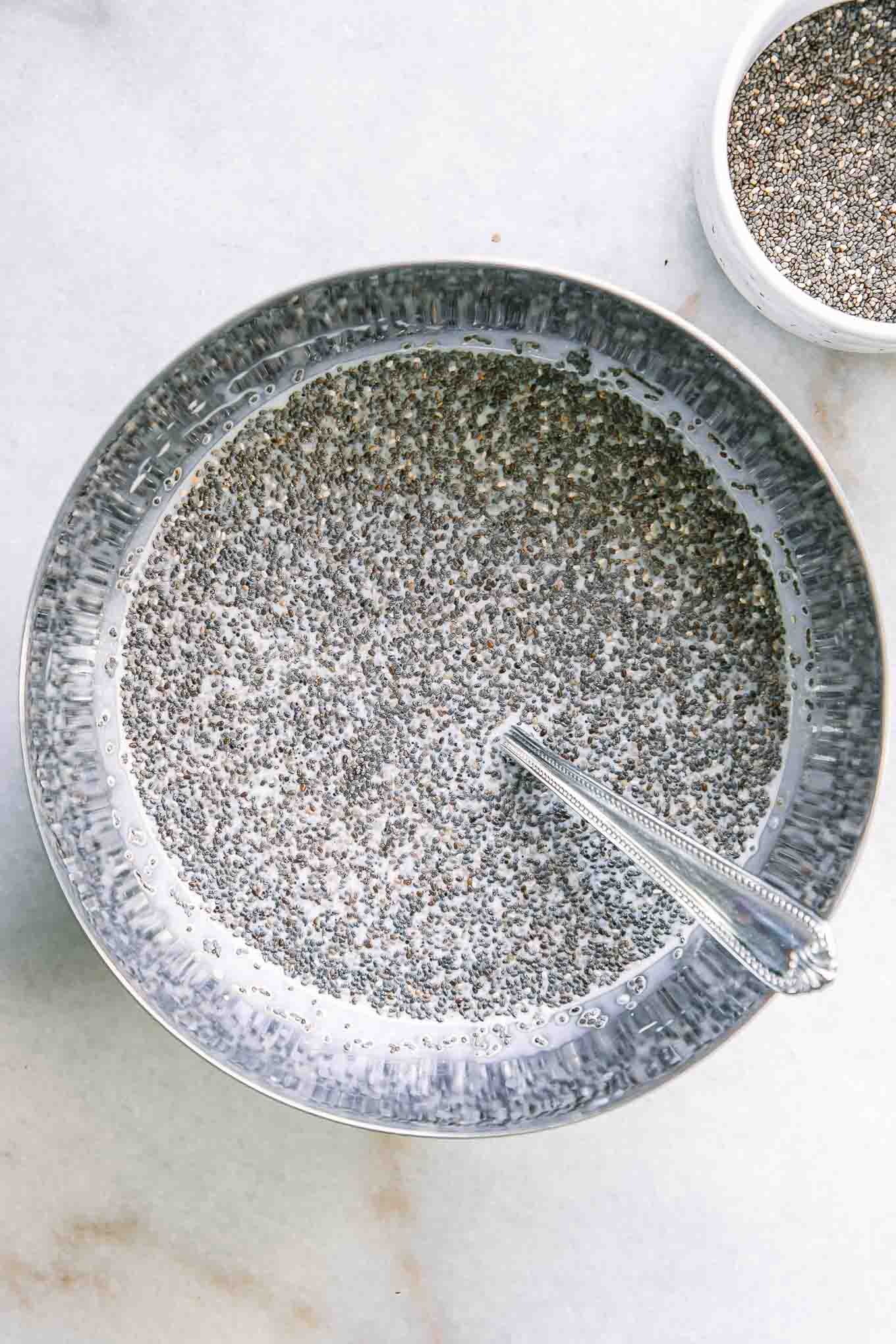 a large mixing bowl with chia seeds and milk for chia seed pudding on a white table
