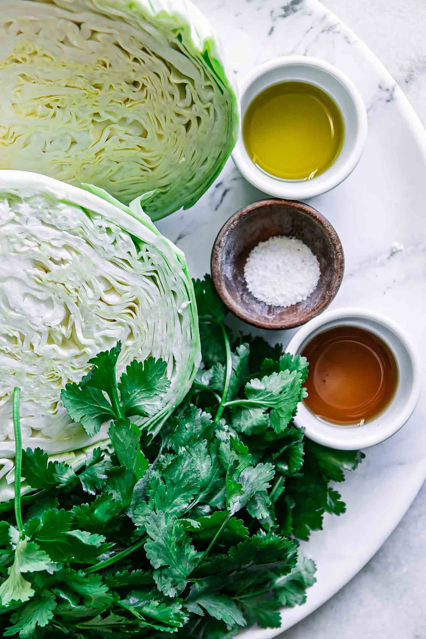 green cabbage, fresh cilantro, olive oil, limes, agave syrup, and salt on a table for cabbage salad