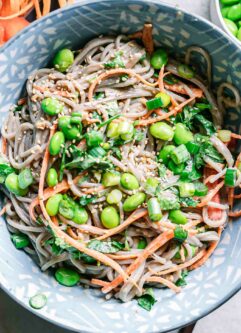 a close up photo of a bowl of soba noodle salad