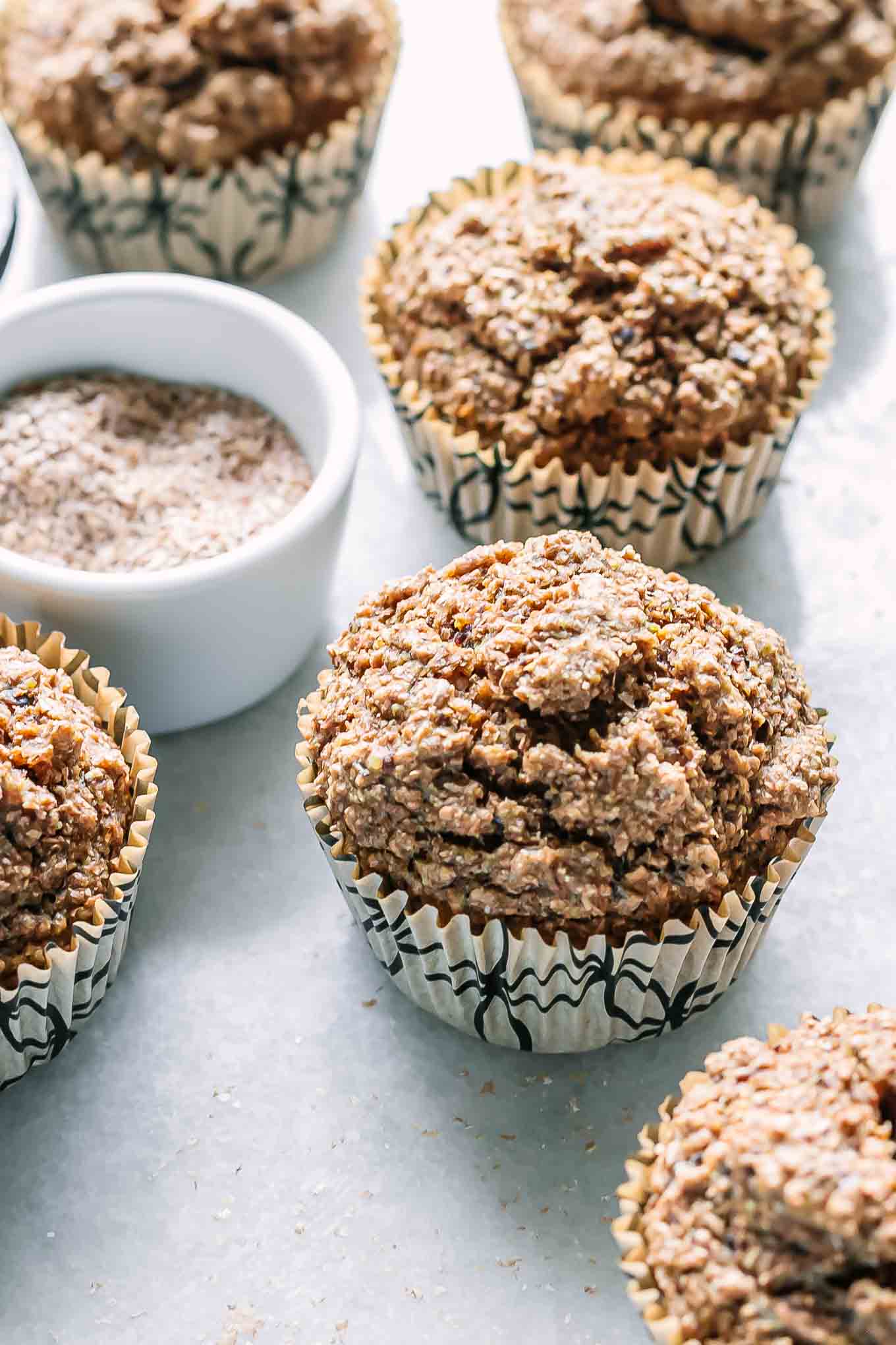 plant-based bran muffins on a white table