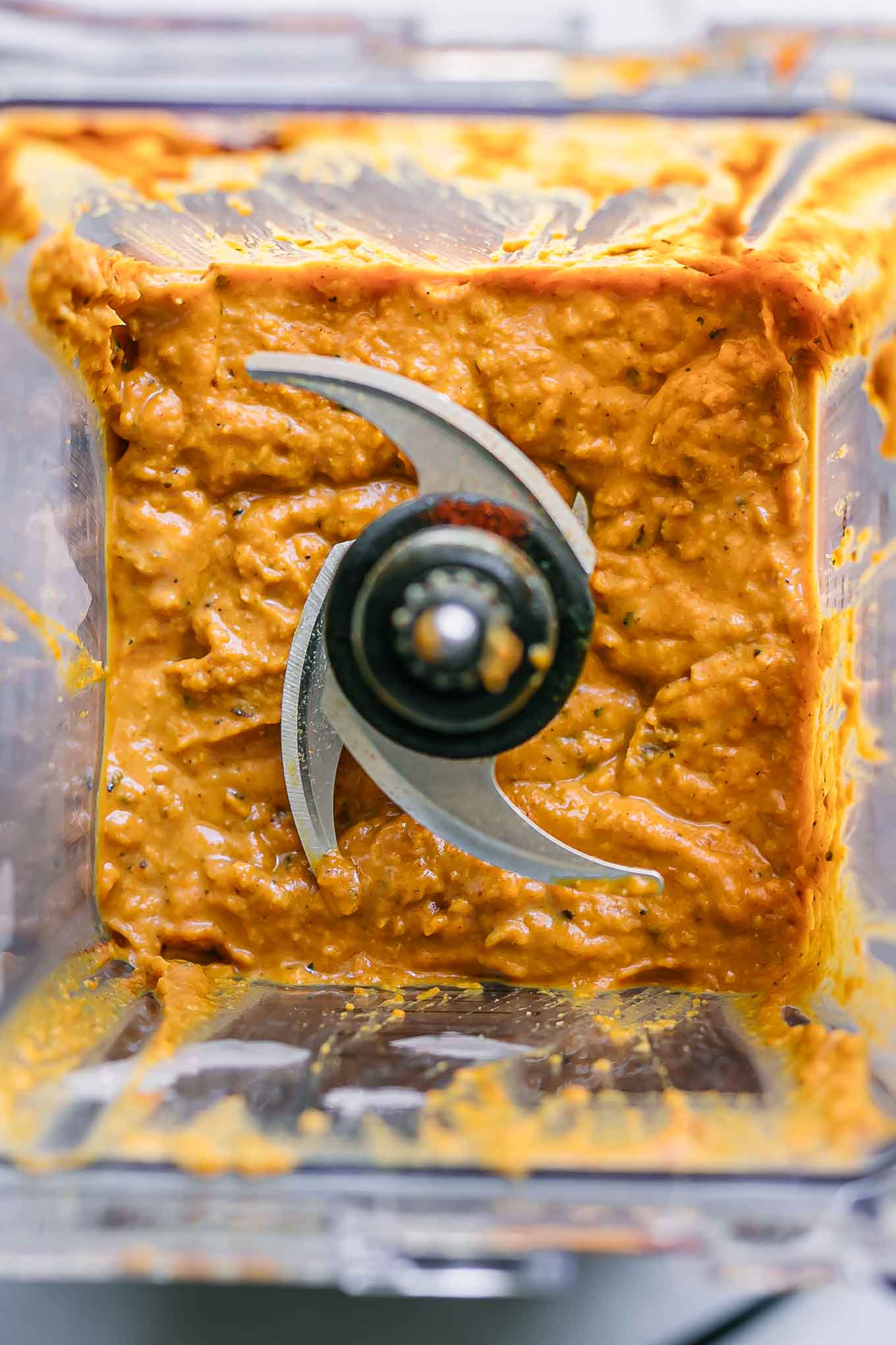 blended vegan sweet potato cheese sauce inside a blender