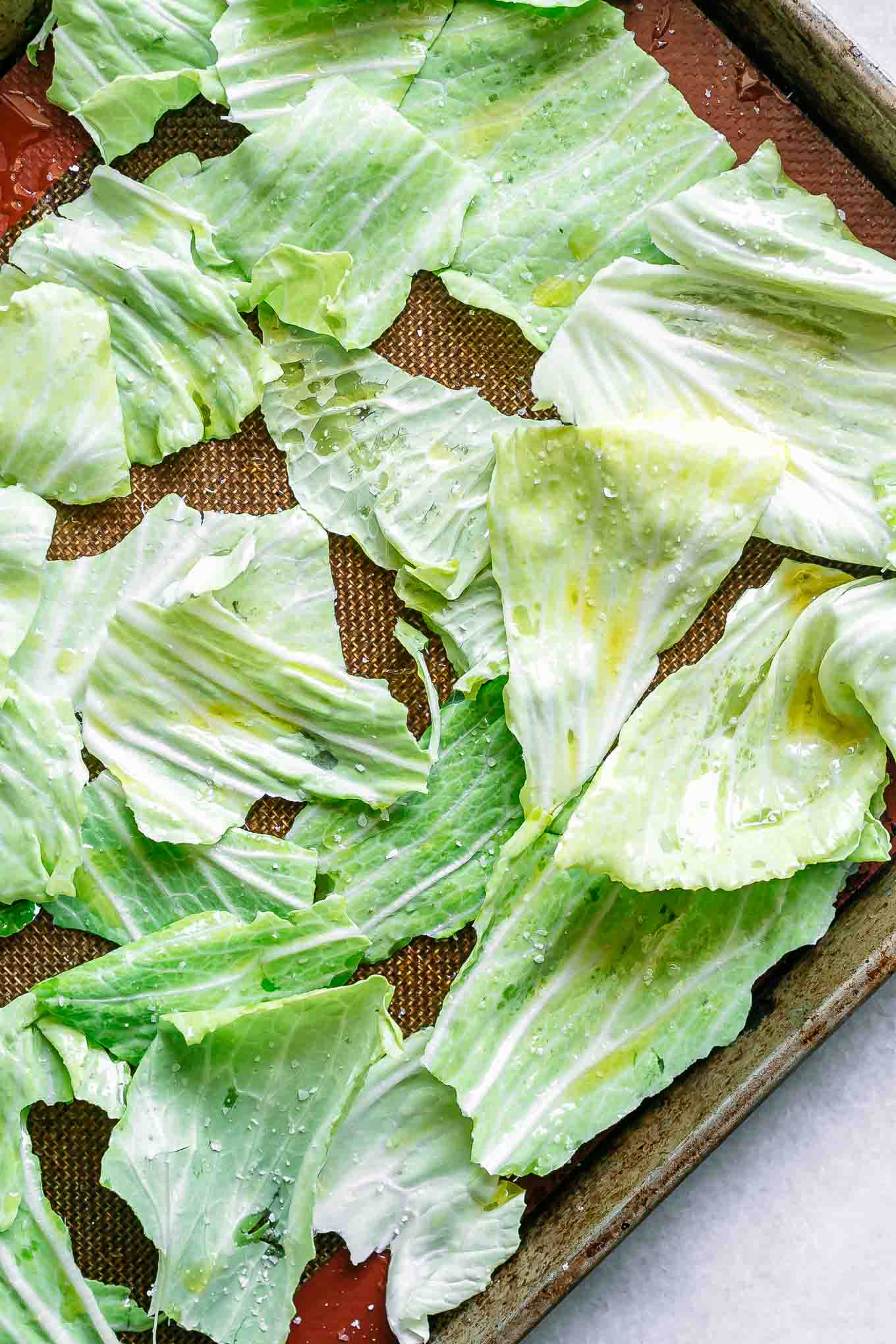 cut cabbage leaves on a baking sheet before roasting into chips