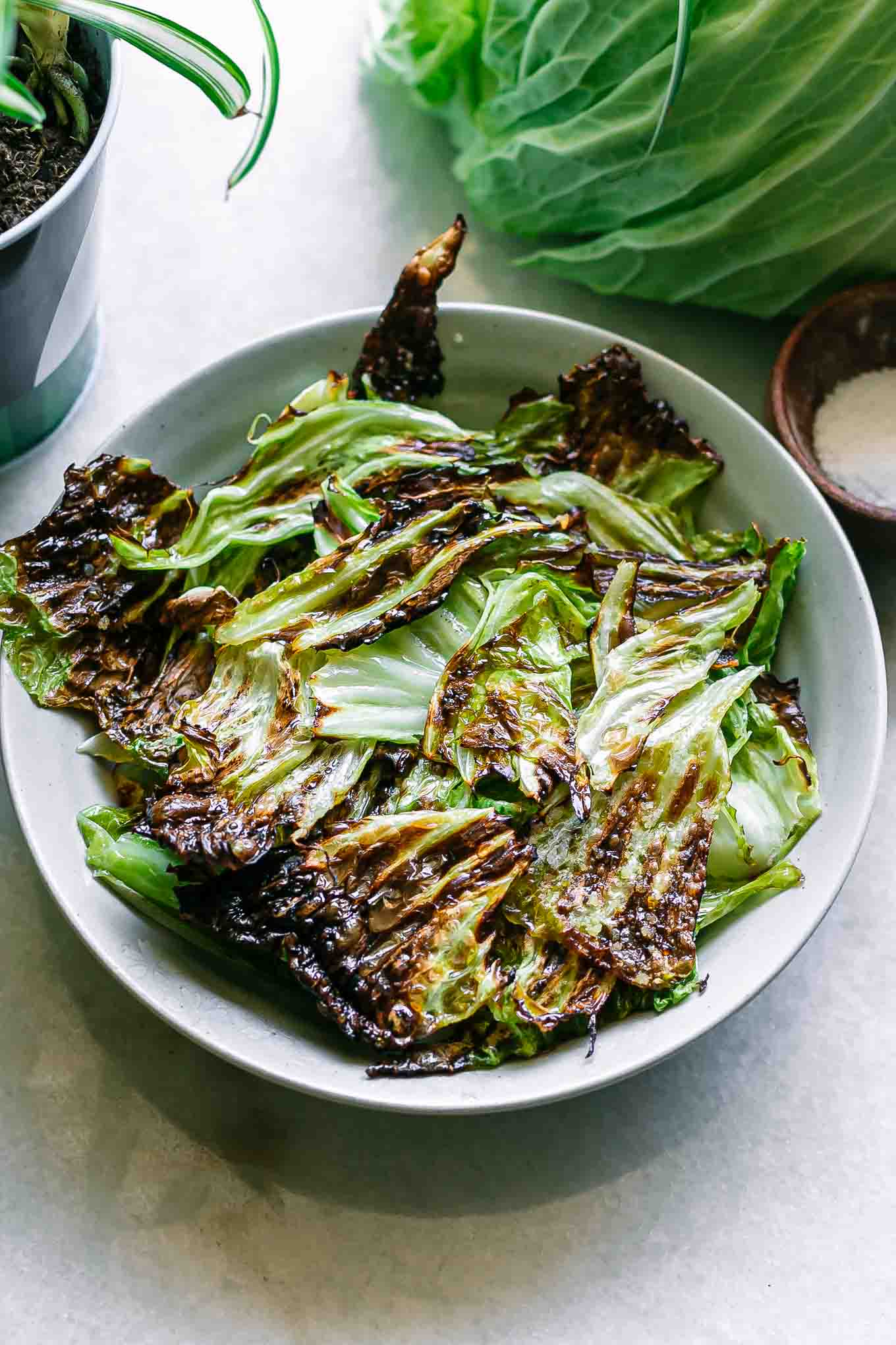 cabbage chips in a bowl on a white table with a fresh head of cabbage