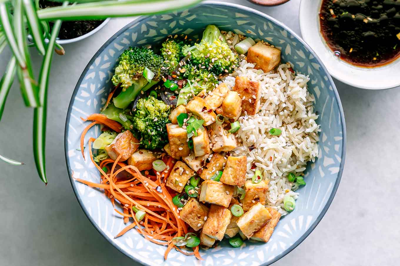 a bowl with brown rice, tofu, broccoli, carrots, and onions