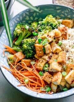 a close up of a broccoli and tofu rice bowl on a white table