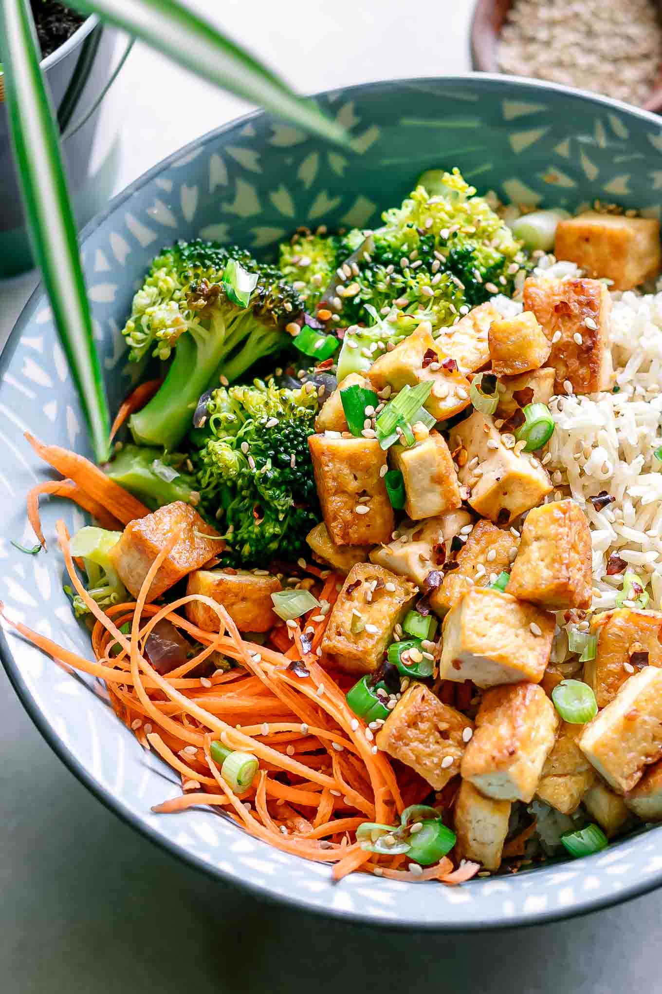 a close up of a broccoli and tofu rice bowl on a white table