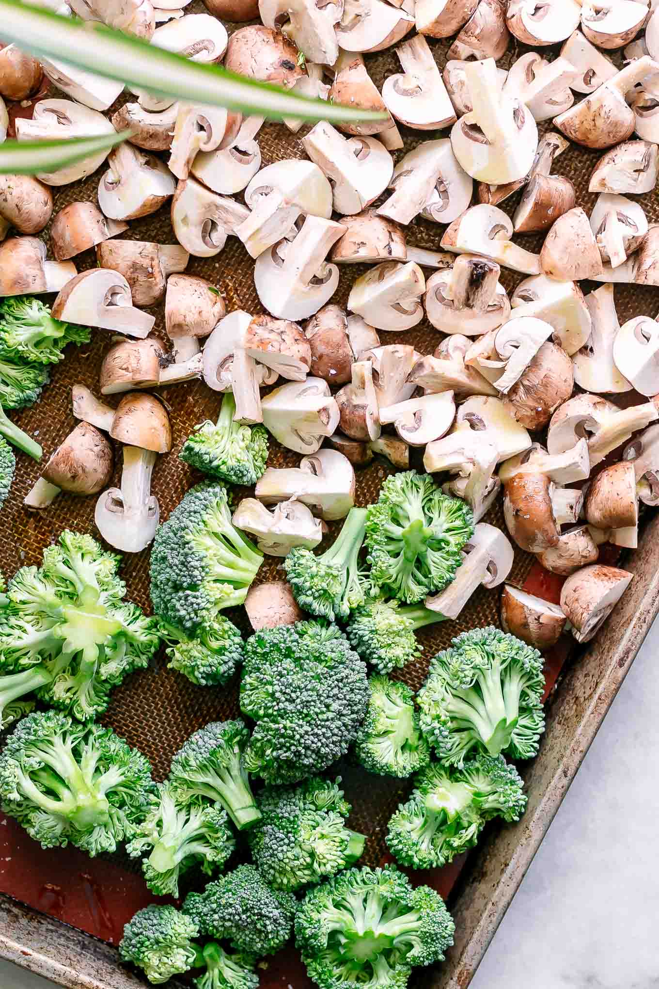 cut broccoli florets and sliced mushrooms on a baking sheet before roasting