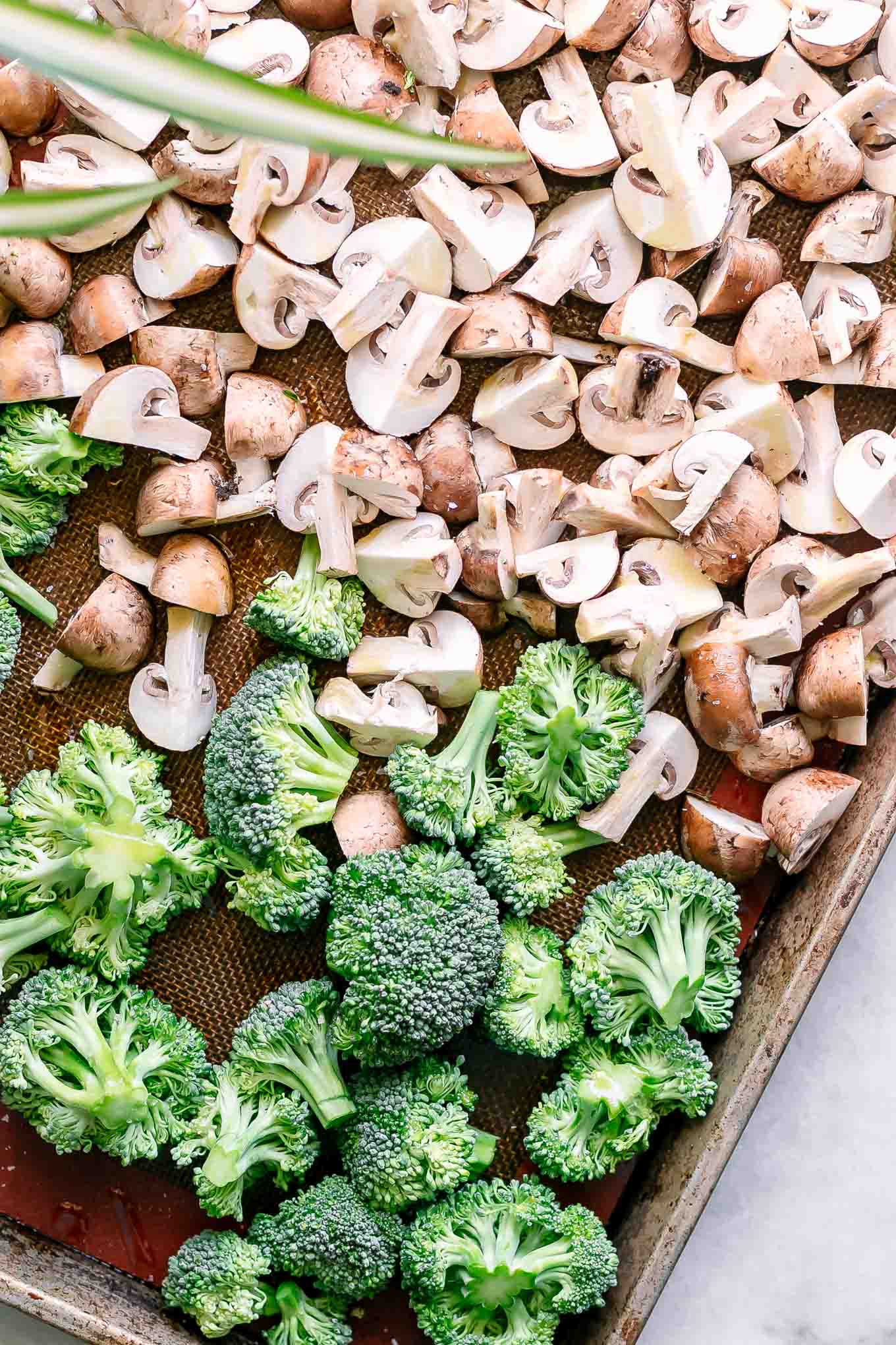 cut broccoli florets and sliced mushrooms on a baking sheet before roasting