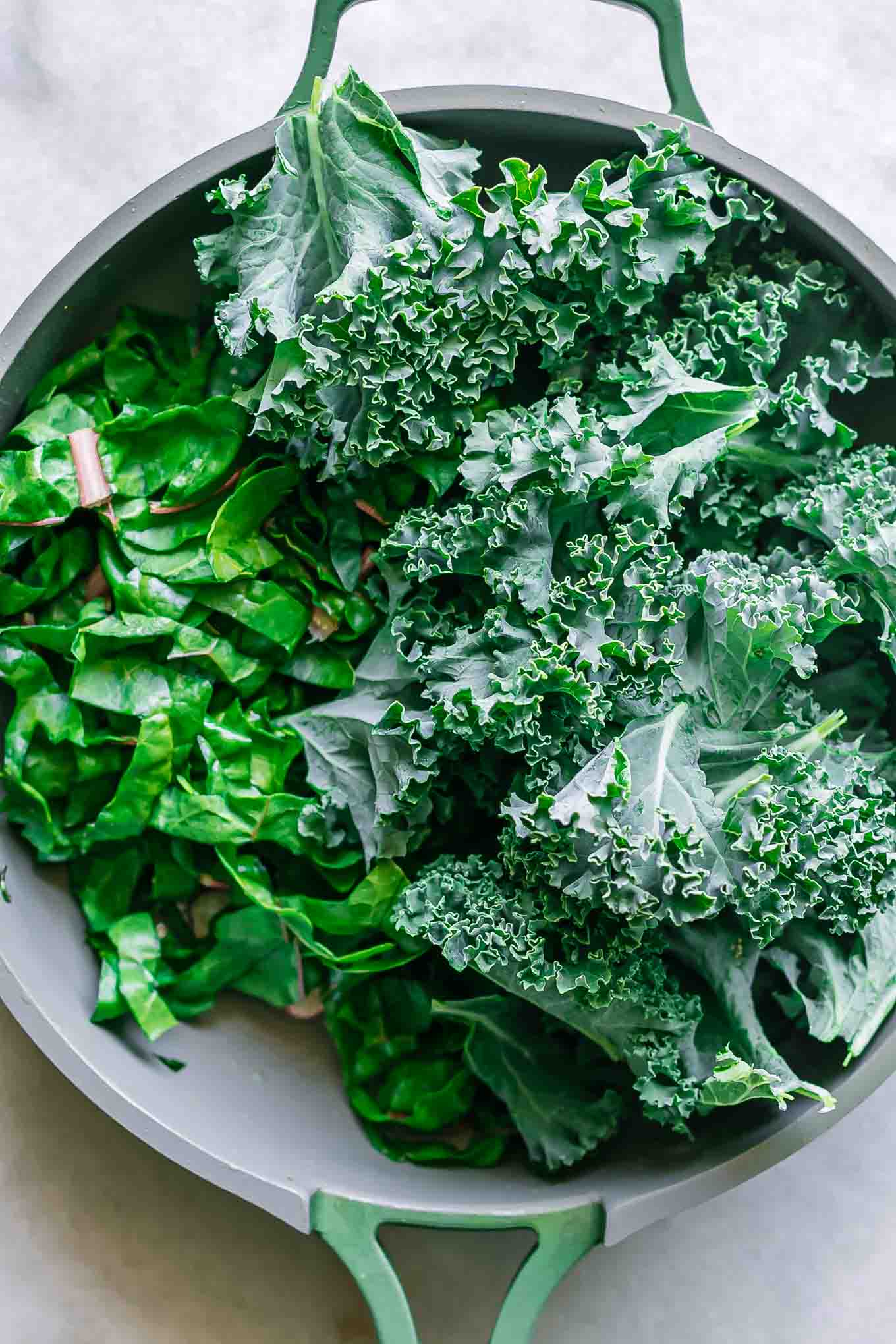 fresh kale and chard in a pan