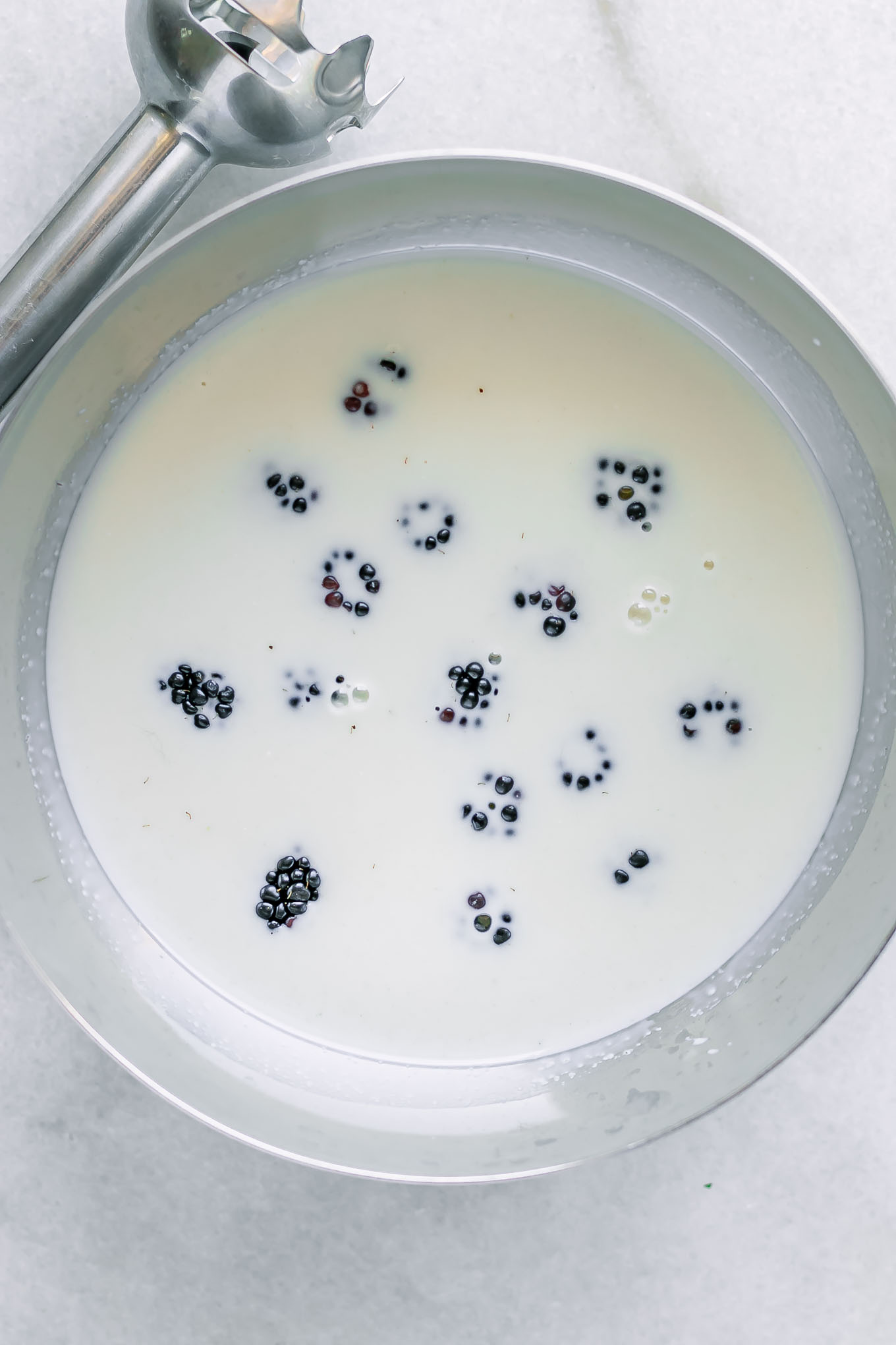 a bowl of plant-based milk with blackberries on a table with an immersion blender