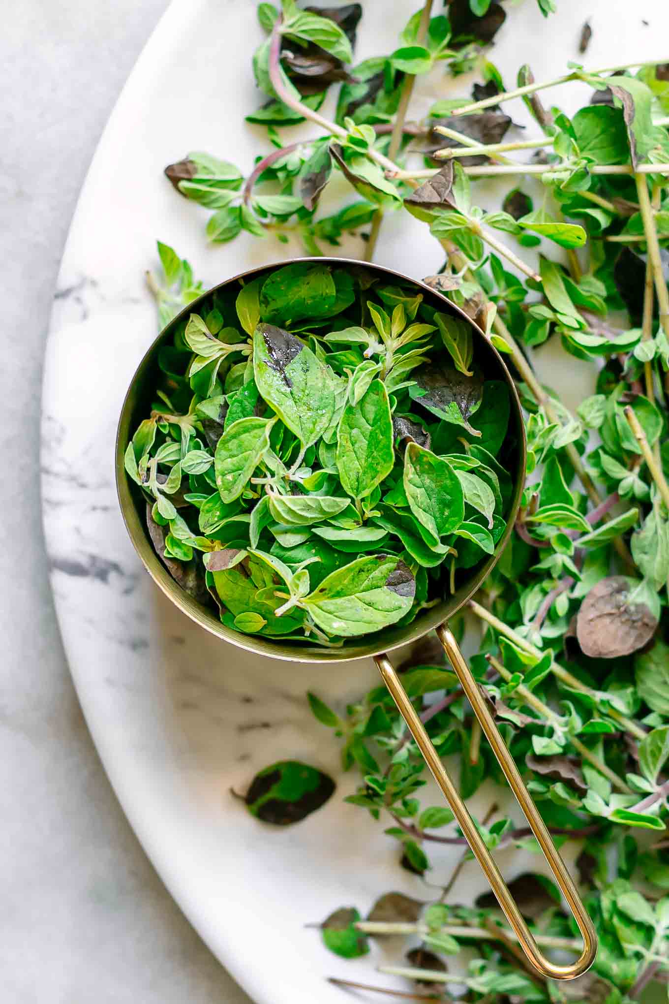 fresh oregano in a gold measuring cup on a white table