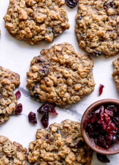 vegan oatmeal cookies with cranberries on a white table