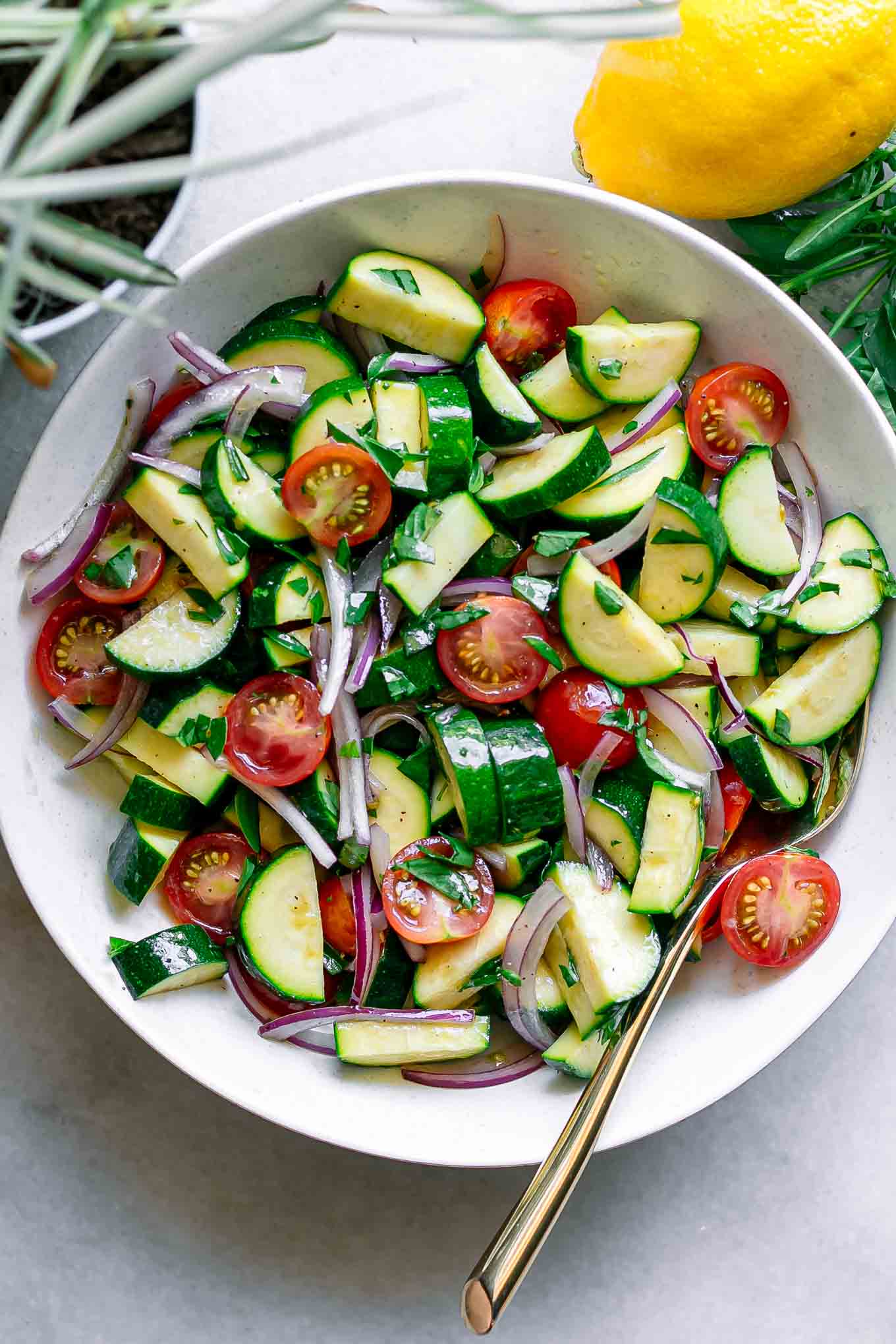 a zucchini and tomato salad with fresh basil in a white bowl and a gold fork