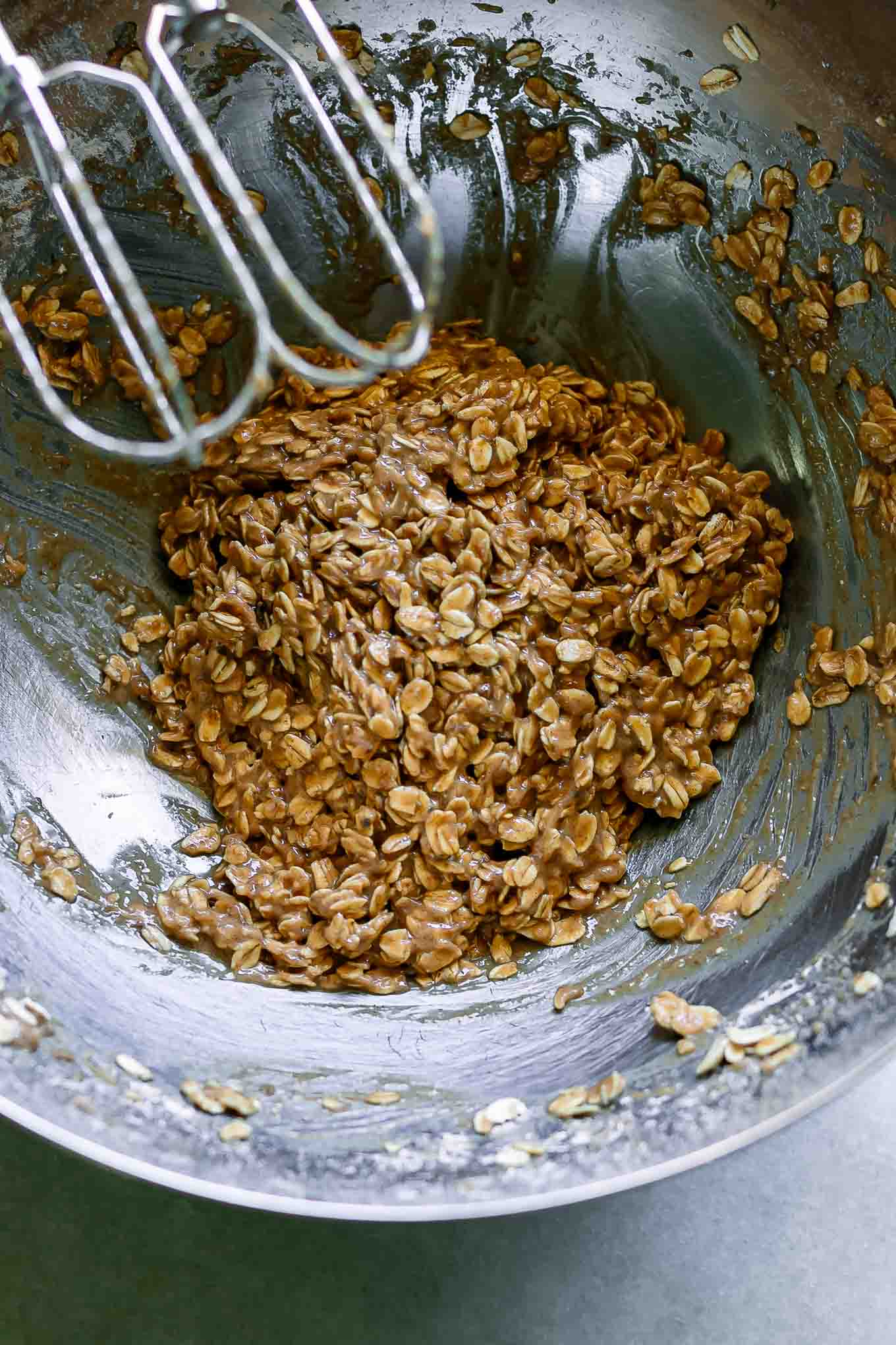 banana oatmeal cookie batter in a mixing bowl