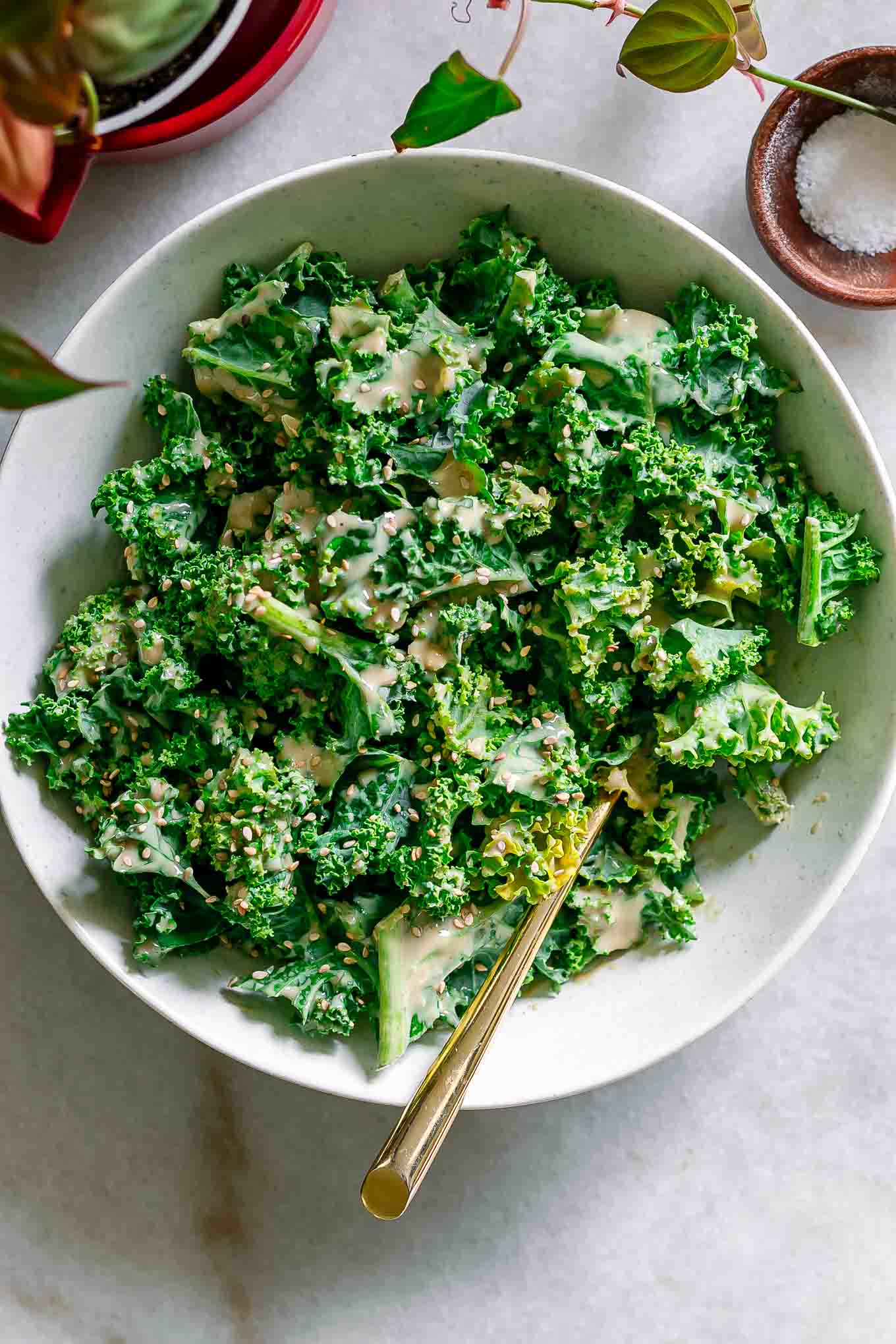 a bowl of kale with a creamy tahini miso dressing on a white table