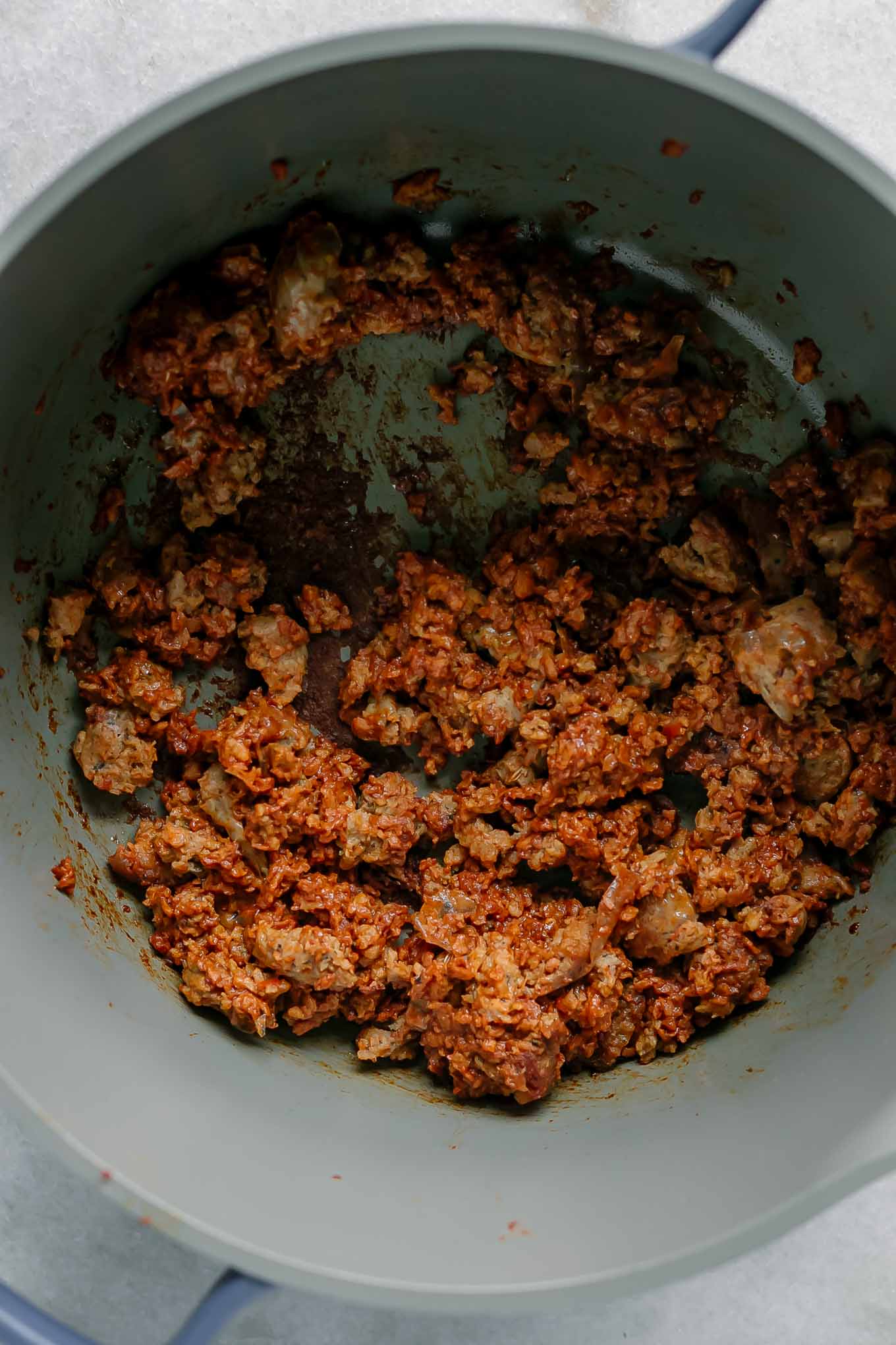 cooked vegan sausage in a large pot