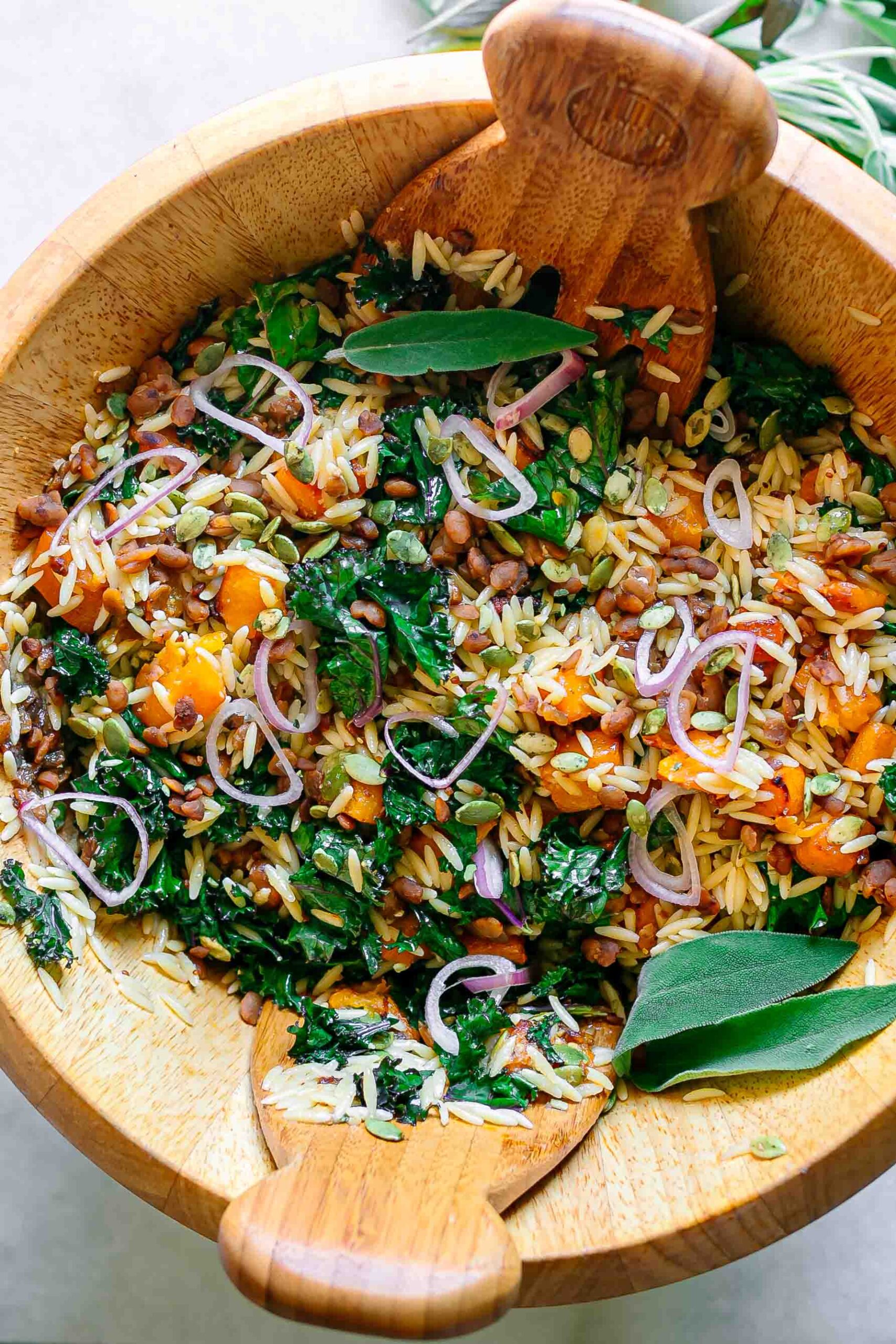 a large wooden bowl with an orzo and kale salad with butternut squash on a white table