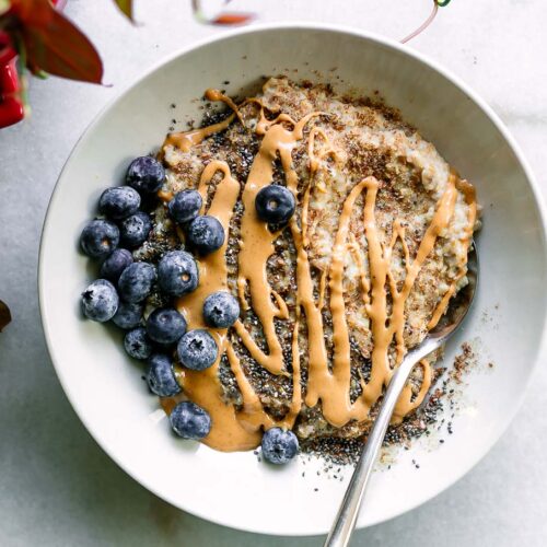 a bowl of steel cut oats with protein powder, blueberries, nut butter, flax seeds, chia seeds
